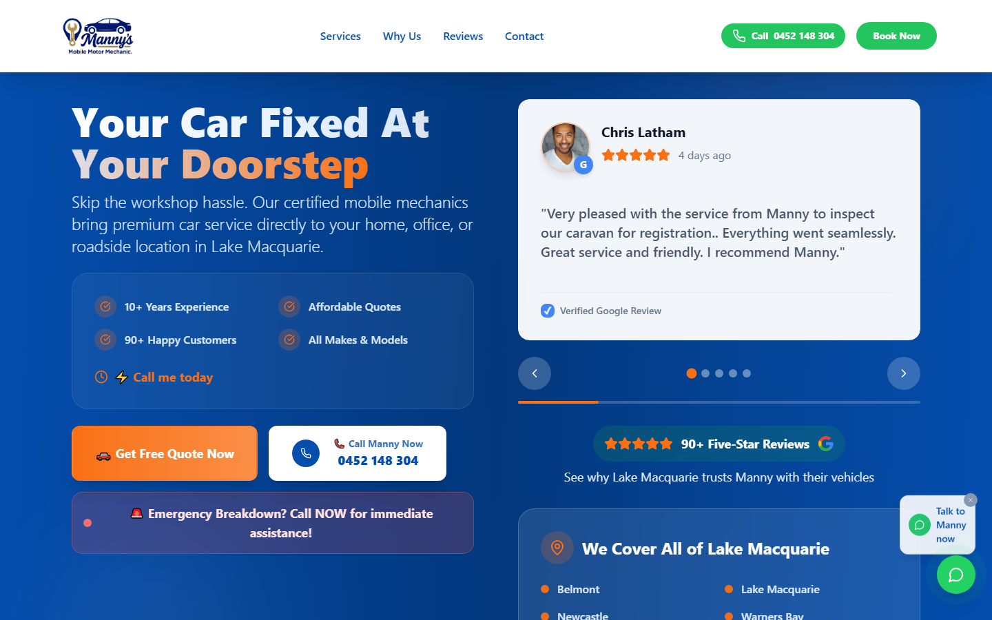 Manny's Mechanics — the live site as shipped